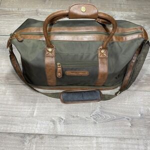 Tommy Bahama Weekender Duffel Bag Olive Canvas Leather Travel Map Lining & Strap